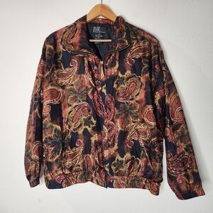 Vintage EVR Silk Black Orange Paisley Zip Jacket Bomber